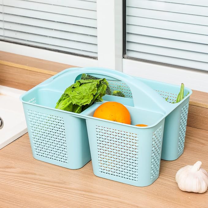 Plastic Portable Shower Caddy Basket with Handle, 3 Compartments, Blue | Storage Organizer with Drain Holes, Sturdy and Durable For Bathroom, Kitchen, College Dorm, Sink, Camping - Image 3
