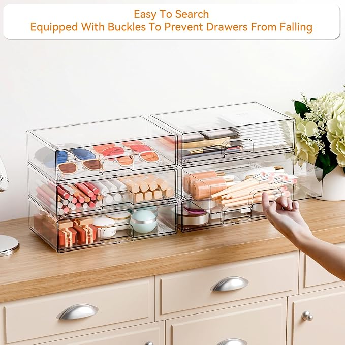 12.1''W Clear Stackable Storage Drawers,4Pcs Acrylic Drawer Organizer for Hair Accessories,Makeup Organizers,Plastic Office Supply Organizer for Pen,Pencil,Medicine,Accessory,Craft Organization - Image 4