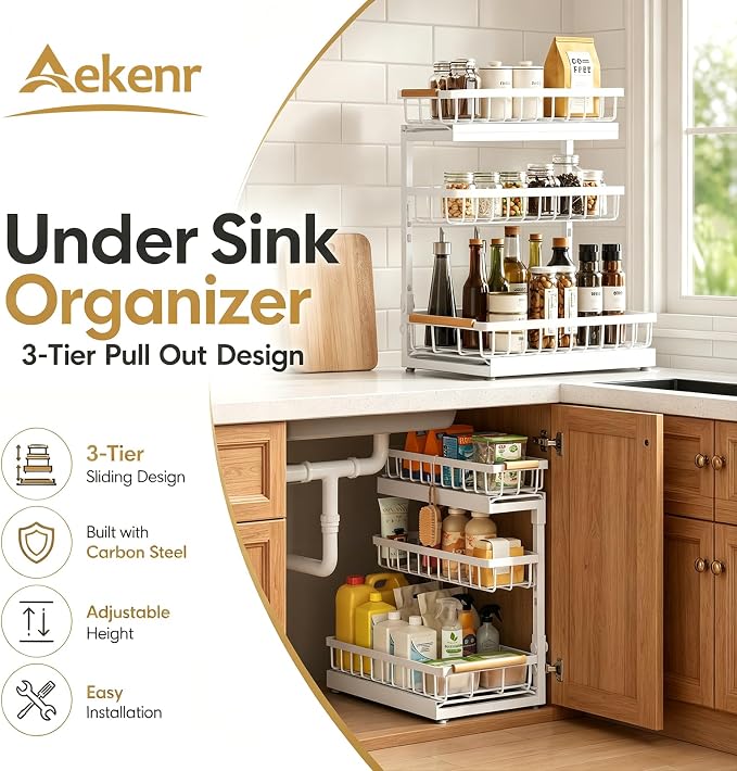 Under Sink Organizer and Storage for Bathroom and Kitchen - 2 Pack 3 Tier | Under Cabinet Pull Out Shelf Organizers - Slide Out Drawer Organization for Home Cabinets Shelves and Drawers - Image 2