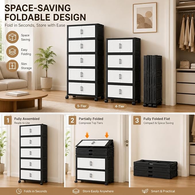 3 Tier Foldable Storage Cabinet with Wheels and Magnetic Doors | Premium PP Material Large Storage Organizer, Space-Saving Utility Storage for Home, Apartments, Dorm, Office, Rv - Image 3