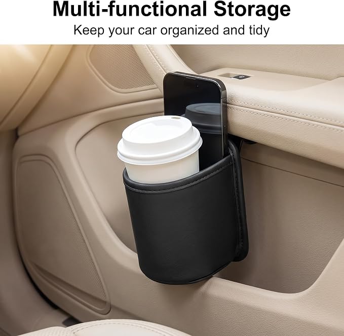 1 Pack Leather Car Door Cup Holder, Large Clip-On Seat Side Hanging Drink Holder, Auto Interior Water Bottle Organizer, Universal Hanging Storage Bag & Trash Can for Cars (Black) - Image 3