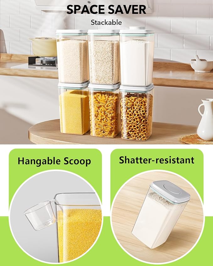 Airtight Food Storage Container with Pop Lid & 130ml Scoop, 4L/4.2qt *2 BPA-Free Cereal, Rice, Flour, Pasta & Snack Container, Stackable & Durable,Kitchen Pantry Organizer - Image 4