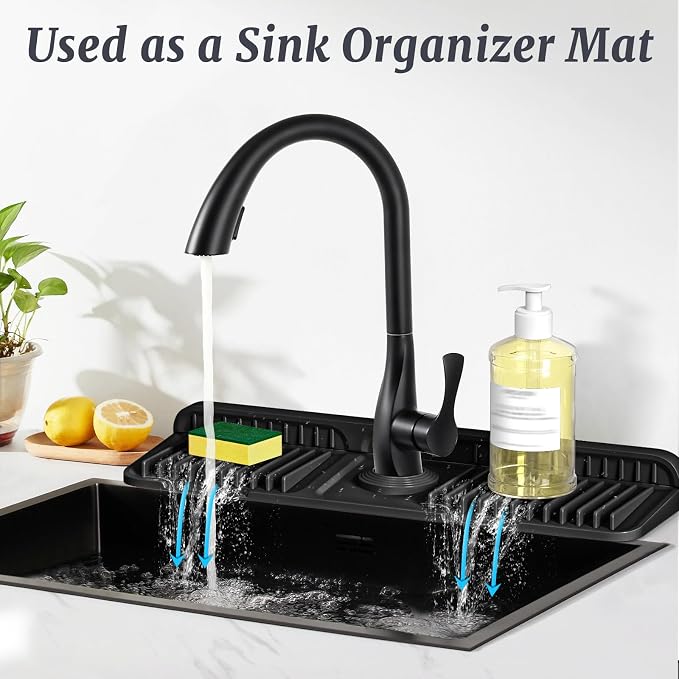 PoYang 17.7 Inch Faucet Mat for Kitchen Sink Splash Guard, Silicone, Black | Sink Protectors with 7° Slope for Smooth Drainage, Snap Button Holds It in Place, 90° Foldable & Cuttable Hole Fit Most Sinks - Image 6