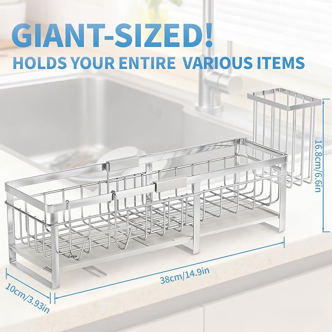 Extra Large Extendable Sponge Holder for Kitchen Sink Caddy Organizer | Rustproof Sink Caddy Organizer with High Brush Holder, Dish Soap Dispenser Organizers and Storage (Black) - Image 2