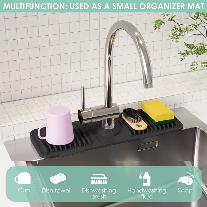 17.7-Inch Silicone Faucet Mat for Kitchen Sink Splash Guard, 7° Slope | 17.7"x5.5" water draining mat with fasten button; 1.6-2.75" customizable hole for bathroom, RV & kitchen sink drip catcher. - Image 7