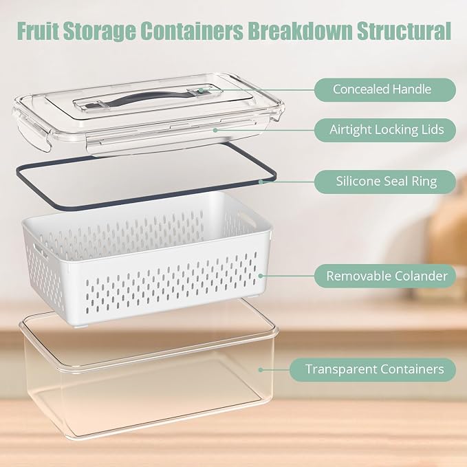 Anysig 5 Pack Fridge Fruit Storage Containers with Colander & Handle Lids | Airtight Fruit Containers for Fridge, Refrigerator Organizers and Storage, Dishwasher Safe, Keep Berry Fruit Fresh Longer - Image 4
