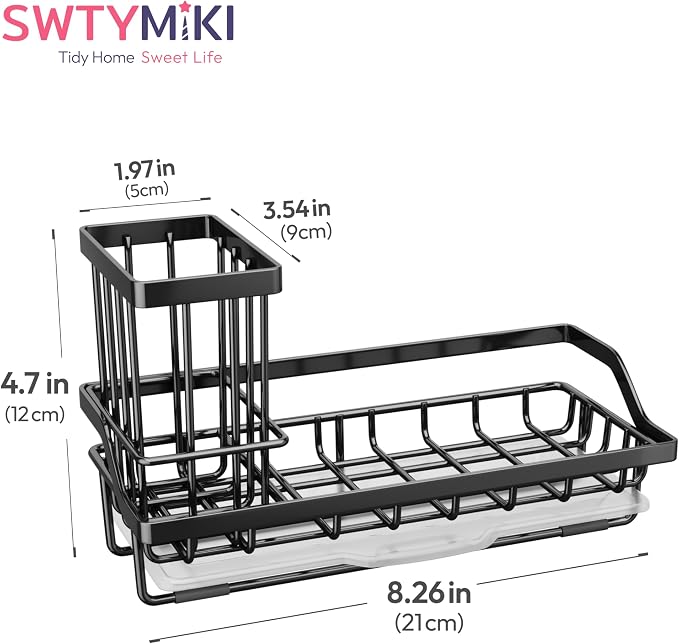 SWTYMIKI Sink Caddy Sponge Holder - Kitchen Sink Organizer with High Brush Holder for Countertop to Hold Dish Soaps and Sponges, Stainless Steel, Black - Image 7