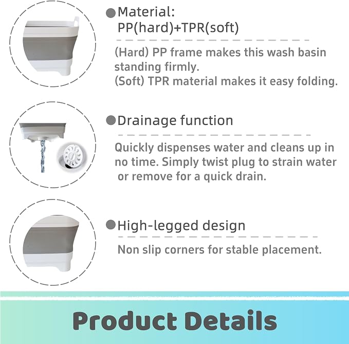 Collapsible Wash Basin with Drain Plug - 2.4 Gallon Foldable Kitchen Sink for Baby Bottles, RV Camping, Space-Saving Dish Tub (Gray-Pink) - Image 4