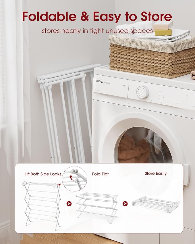 Sakugi Foldable 3-Tier Clothes Drying Rack 37.4" H with Non-Slip Feet | Indoor & Outdoor Use, Space Saving, Metal Frame, 11.4" D x 29.1" W, White - Image 4
