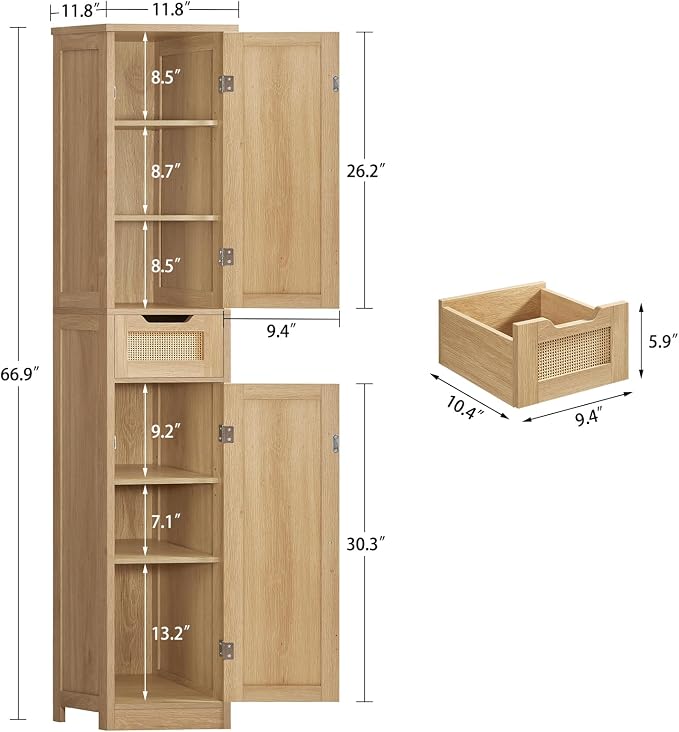 Iwell Tall Bathroom Cabinet, Slim Narrow Storage Cabinet with Adjustable Shelves, Rattan Cabinets with 1 Drawer, for Bathroom, Living Room, Entryway, Kitchen, Nature - Image 3