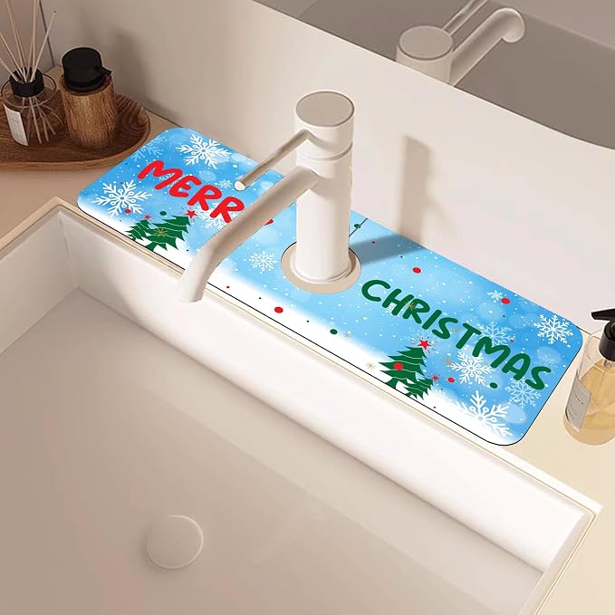 Christmas Tree Snowflakes Dish Drying Mat for Kitchen Sink Splash Guard Behind Faucet Sink Mat Absorbent Fast Drying Faucet Draining Mat for Bathroom Kitchen 5.5"×15" - Image 2