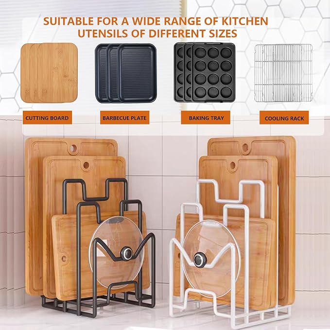 Multifunctional Cutting Board Organizer, Cutting Board Holder Rack Baking Cookie Pan Sheets Cooling Racks Storage Stand for Kitchen Cabinet -Divided Holder with 4 Slots (2PS Black) (1White+1Black) - Image 3
