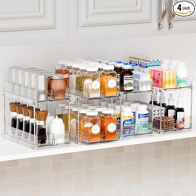 2 Tier Sliding Spice Racks for Cabinets,4 Pack 10.4'' Deep Narrow Vertical Spice Rack Pull Out for Inside Cabinets,Kitchen,Pantry,Cupboard Seasoning,Jar Organizer and Medicine Cabinet Storage by Yieach