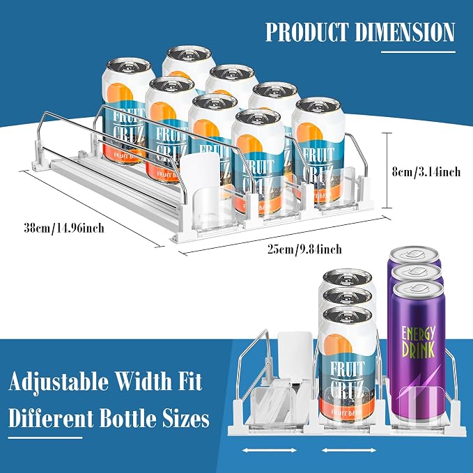 hanmir Drink Organizer for Fridge, Adjustable Width Soda Can Dispenser for Refrigerator Organizers and Storage, 3 Rows Beer Bottle Beverage Holder with Pusher Glide (14.96" D, White) - Image 2