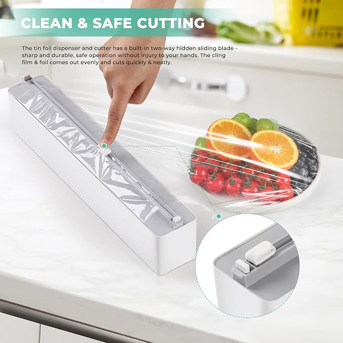 Magnetic Plastic Wrap Dispenser with Cutter - Quasziwa Upgrade Practical Refillable Cling Wrap Aluminum Tin Foil Organizer for Drawer, Include an Extra Roll of 12"X 164' Food Cling Film - Grey - Image 2