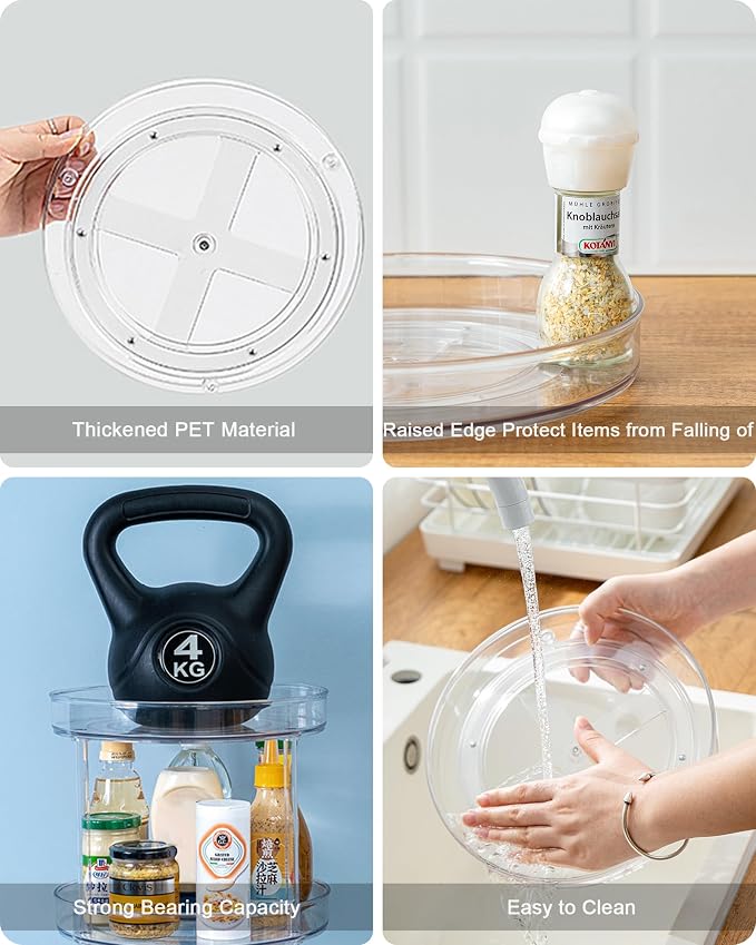 2-Tier Lazy Susan Organizer, Clear PET Rotating Tray 11-Inch | Double Layer Vertical Storage Rack for Kitchen Pantry or Bathroom Vanity, Smooth 360 Spin Access with 1.6 In Anti Drop Edges - Image 4