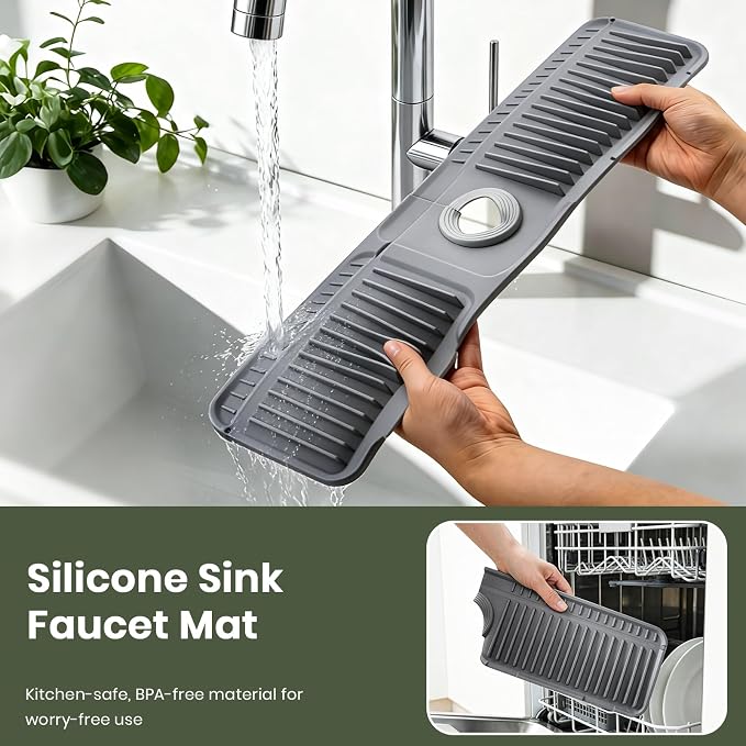 24 Inch Faucet Mat for Kitchen Sink, Silicone Splash Guard for Kitchen Sink Area, 7° Slope Fast Self-Draining Sink Mat, Cuttable Hole Design, Sink Backsplash Guard Draining Mat, Dark Grey - Image 7