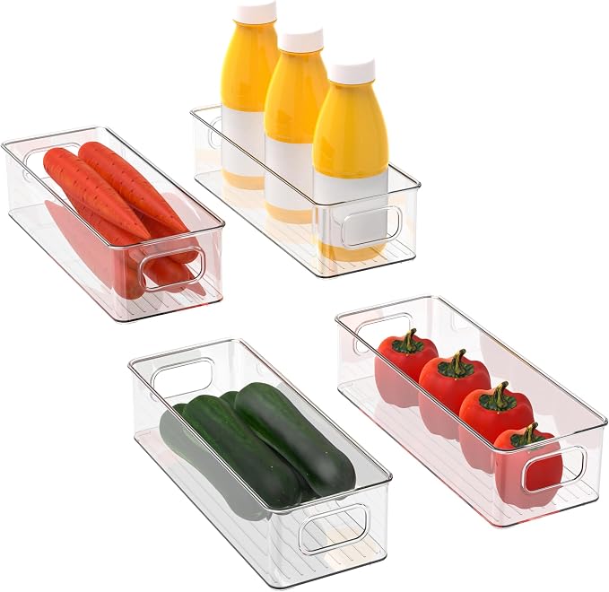 Set of 4 Refrigerator Pantry Organizer Bins - Stackable Fridge Organizers with Handles for Pantry, Freezer, Kitchen, Countertops, Cabinets - Clear Plastic Food Storage Bins by KAVDNAE