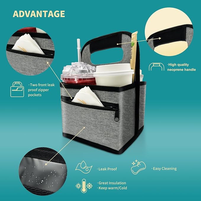 Reusable Coffee Cup or Cans Carrier, Take Out Cup Holder, Handle Tote Bag Drink Holder with 2 Organizer Pockets for Hot & Cold Beverages, for Delivery and Take Out (Neoprene Gray) - Image 3