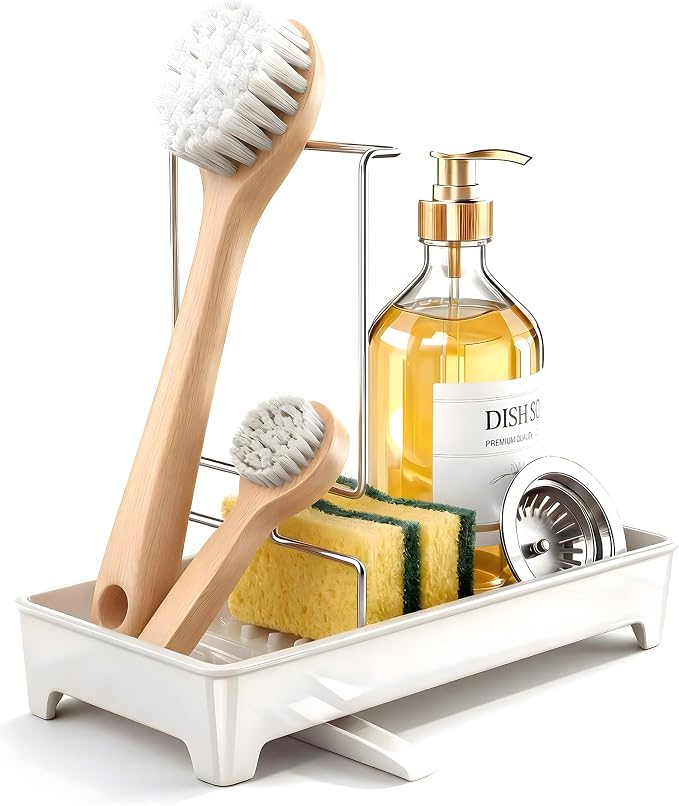 Minimalist Sink Caddy, Rustproof Sponge Holder for Kitchen Sink White | Large Rustproof countertop organizer with 304 stainless steel brush holder, raised ridges and silicone drain tube - Image 2