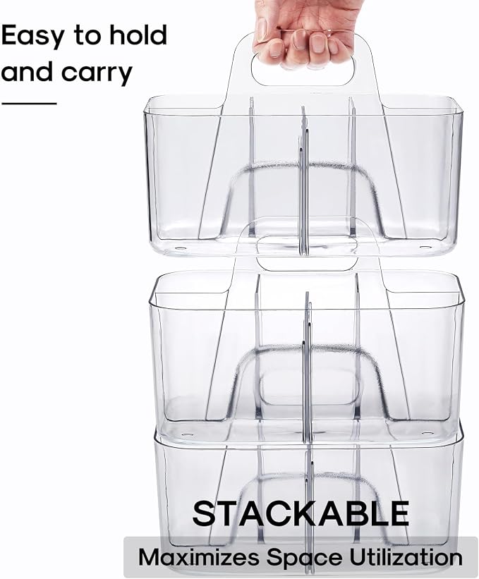 Multiuse Caddy Organizer with Handle, Portable Divided Plastic Tote Bin - Art Craft, Stationary Pen Marker Crayons, Makeup Hair Supplies Storage - Bathroom, Classroom, Dorm, Office, Desk Holder -Clear - Image 7