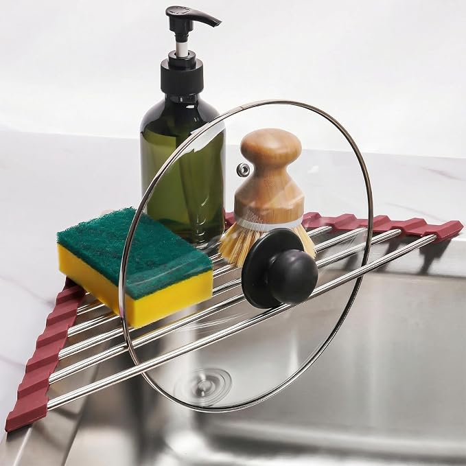 Tomorotec Triangle Roll Up Dish Drying Rack 304 Stainless Steel Wine Red | BPA-Free Food-Grade Silicone Edges Foldable Waterproof Rustproof Heavy-Duty Space Saver Heat Resistant to 550°F - Image 8