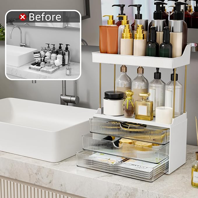 StorBin Arcylic 5-Tier Makeup & Skincare Organizer for Vanity, Bath, 2 Sets | Smooth 3 drawers, clear body, gold frame, non-slip, for perfumes, serums, face masks, palettes, vanity & bath counter,Clear - Image 8