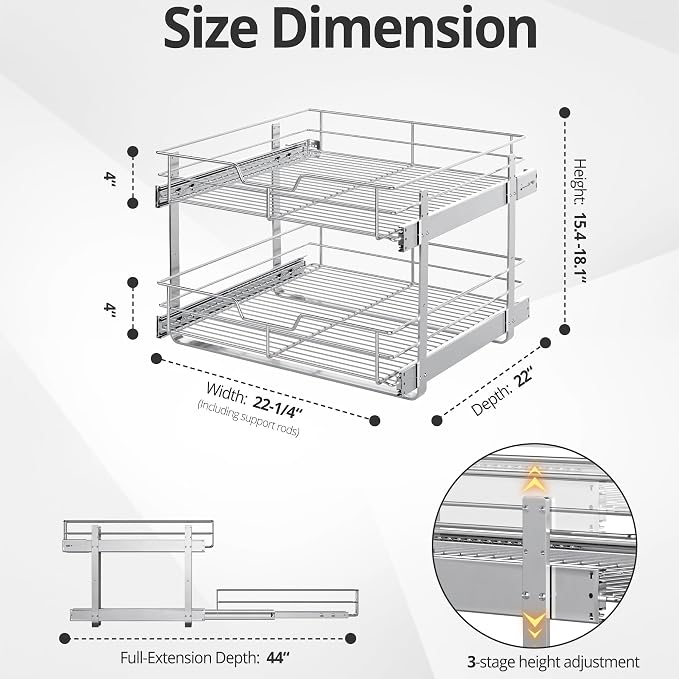 ZOINLIY Pull Out Cabinet Organizer,Slide Out Kitchen Organizers and Storage | Heavy Duty Drawer Cupboard Storage Basket, Smooth Sliding, Chrome Finish - Image 2