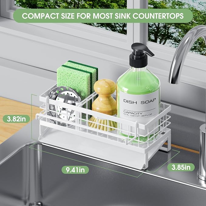 Kitchen Sink Caddy, Rustproof Self-Draining Sponge Holder, White | Metal Kitchen Caddy Sink Organizer, Detachable Dish Cloth Holder, Non-Slip Base, Kitchen Countertop Storage Accessories - Image 2