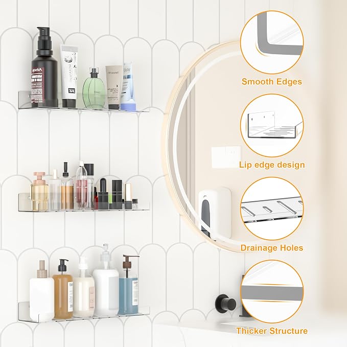 LAZYROSY 4 Pack Floating Shelves – Clear Acrylic/PET Wall-Mounted No Drill Storage with Adhesive, Invisible Bathroom & Bedroom Shelving for Kitchen, Living Room, Transparent Decor - Image 8