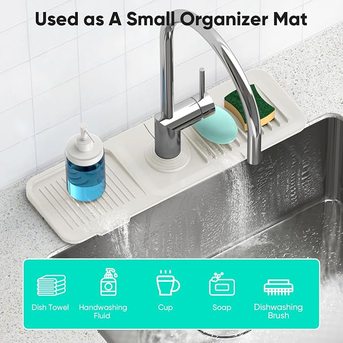 17.7inch Faucet Mat for Kitchen Sink [5°Slope Fast Self-draining] Faucet Mat Kitchen Sink Splash Guard Silicone Sink Splash Guard Kitchen Sink Area Tidy Splash Faucet Guard Draining Mat-Beige - Image 7