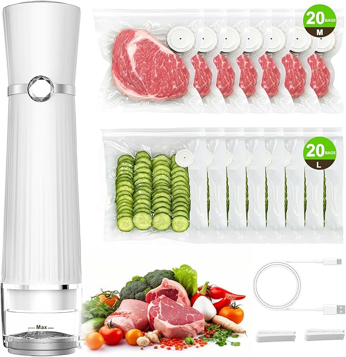 Vacuum Sealer for Food with 40 Bags, 80Kpa Food Sealer for Kitchen | 2000mAh Rechargeable&Portable, Handheld Vacuum Sealer Machine for Meal Prep Food Storage to 10X Preservation & Fresh by Jexqizy
