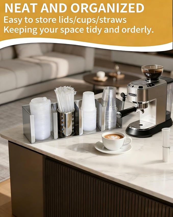 Stainless Steel Cup Dispenser,4 Compartments Cup Holder and Lid Holder with Adjustable Dividers,Cup Organizer for Kitchen Cabinets Cafe Shop Restaurant,Includes Straw Holder - Image 4