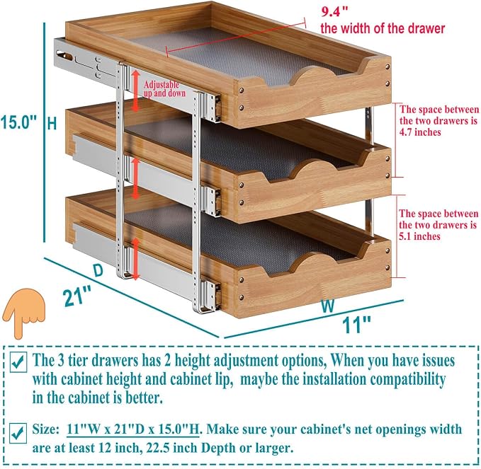 OCG Pull Out Cabinet Drawer 11" W x 21" D, 3 Tier Pull Out Cabinet Organizer, Heavy-Duty Slide Out Drawer for Cabinets, Base Cabinet Organization for Kitchen, Pantry, Bathroom - Image 2