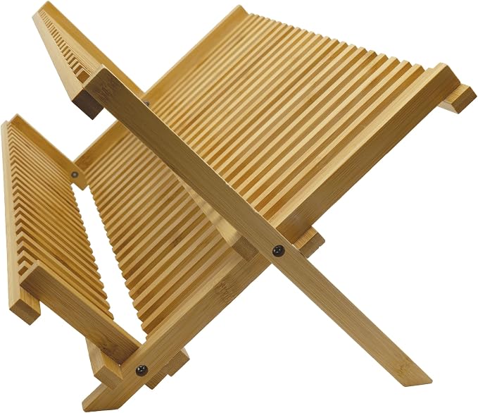 Oggi 2 Tier XL Folding Bamboo Dish Drying Rack, Large Foldable Dish Rack for Kitchen Counter, Bamboo Plate Drying Rack, Collapsible Dish Drainer with 16 Plate Slots - Image 4