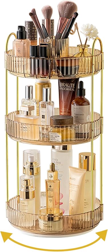 Asayuee 360 Rotating Makeup Organizer,3 Tier Large Capacity Make Up Organizers and Storage,Skincare Perfume Vanity Organizers,Bathroom Cosmetics Storage Organizer Countertop(Gold) by Asayuee