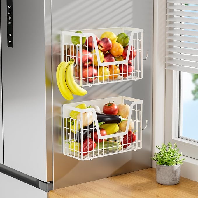 4 Pack Magnetic Shelves For Fridge, White Potato Onion Storage Bin | Magnetic Fruit Basket for Fridge Organizers and Storage, Veggie Onion Potato Wire Storage Basket for Kitchen, Pantry Laundry - Image 9