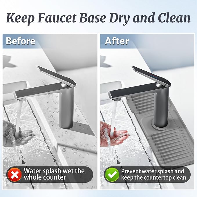 PoYang 14.6 Inch Faucet Mat for Kitchen Sink Splash Guard, Silicone, Grey | Sink Protectors with 7° Slope for Smooth Drainage, Snap Button Holds It in Place, 90° Foldable & Cuttable Hole Fit Most Sinks - Image 7