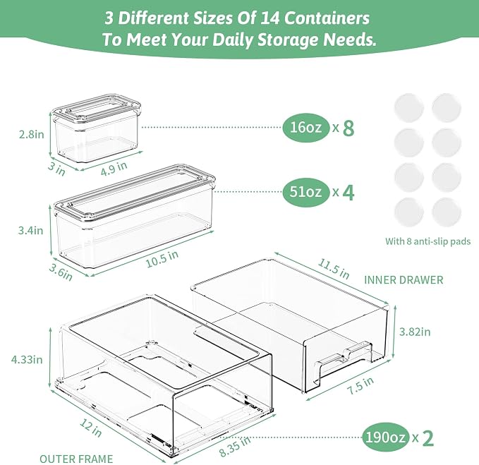 damynuo 14Pack Fridge Organizer Bins, Clear Refrigerator Organizing Containers with Lids and Refrigerator Drawers, Stackable Food, Vegetable and Fruit Containers for Fridge Organizers and Storage - Image 2