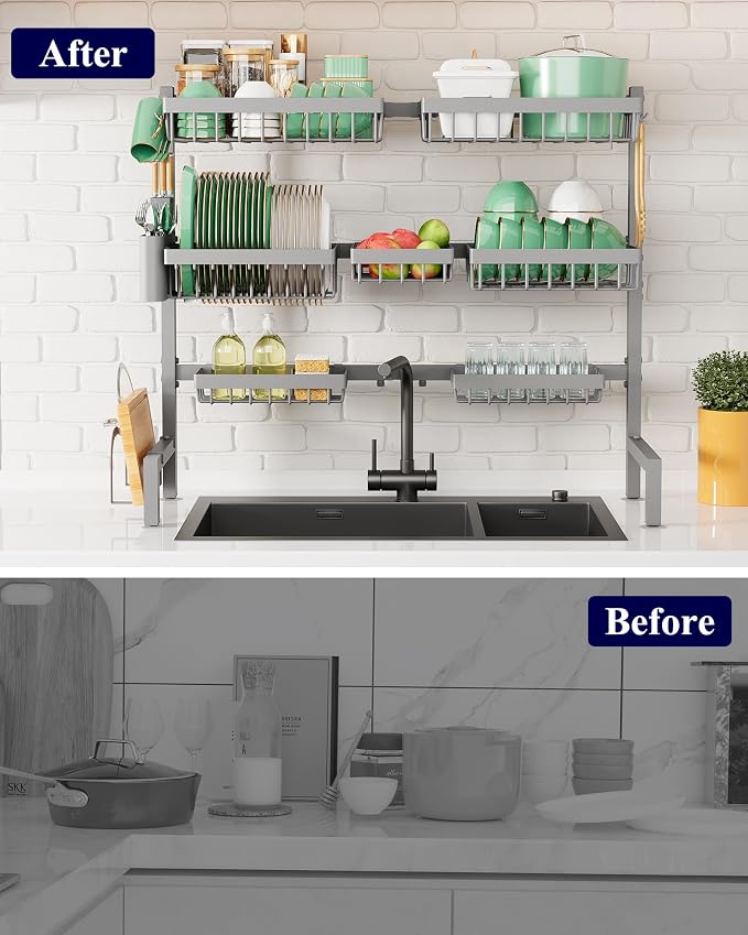 Kitsure Adjustable Over The Sink Dish Drying Rack, 31.5" -39.4" x 30.3" | Sink Drying Rack for Kitchen Sink, Dish Rack Over Sink with Cutlery & Utensil Holders, Kitchen Storage, Grey - Image 3