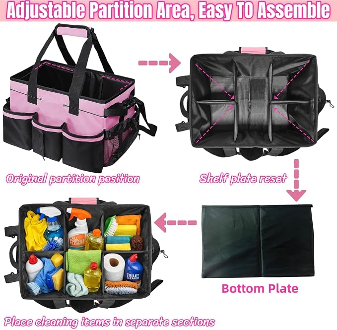 BLIRITEL Large Cleaning Caddy Bag with Handle, Cleaning Caddy Organizer with Shoulder Strap, Multi-Compartment Cleaning Supply Tote for Cleaners & Housekeepers (Pink) - Image 4