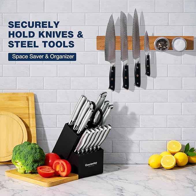 Magnetic Knife Holder for Wall 16”, Acacia Wood, No Drill Fridge | Strong Dual-Row Magnet Holds 9 Knives & Heavy Cleaver, 3M Adhesive Tape & Screw Mount, Kitchen Knife & Utensil Organizer - Image 6