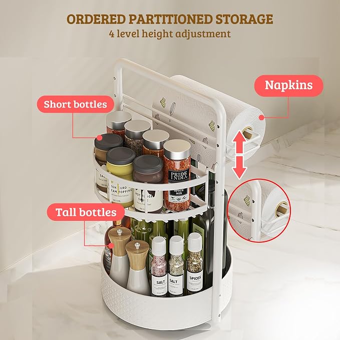 Rotating Spice Rack with Paper Towel Holder, White | 2 Tier Turntable Lazy Susan, Durable Iron, Seasoning Organizer, For Kitchen Countertop - Image 3