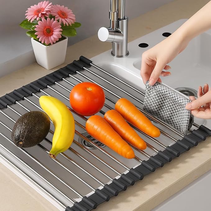 Over Sink Dish Dryng Rack - Roll Up Stainless Stell & Silicone Drying mat, Heat Resistant, Non-Slip & Foldable, Space Saving Kitchen Organizer (17.3"x 15.7")(Black) - Image 3