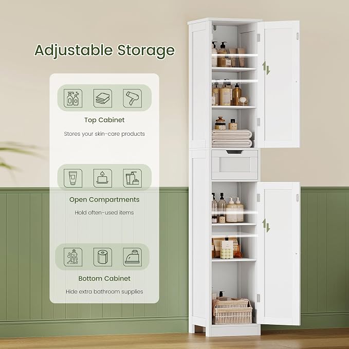 Iwell Tall Bathroom Cabinet, Slim Narrow Bathroom Storage Cabinet with Adjustable Shelves, Storage Cabinets with 1 Drawer, for Bathroom, Living Room, Entryway, Kitchen, White - Image 6