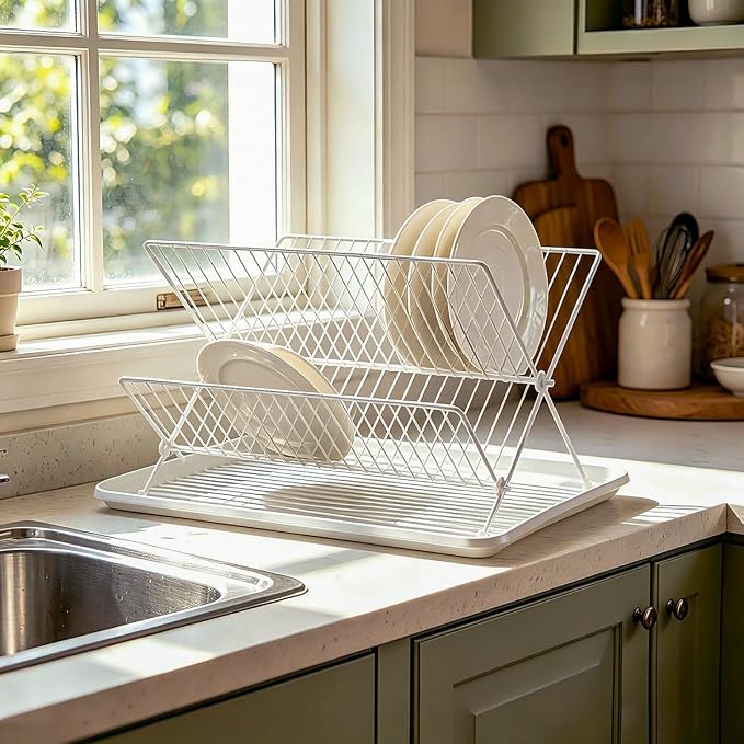 White Foldable 2-Tier Dish Rack - Heavy-Duty Metal Drying Rack with Removable Drip Tray, Collapsible Kitchen Sink Organizer for Plates, Bowls, Cups & Utensils - Image 4