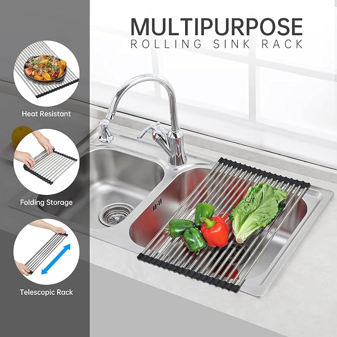 CHIRISEN Expandable Roll Up Dish Drying Rack Large, Foldable Over The Sink Dish Drying Rack, Collapsible Stainless Steel Drainer Over Sink Dish Drying Rack for Kitchen Counter (Black, 21.25''x12.79'') - Image 3