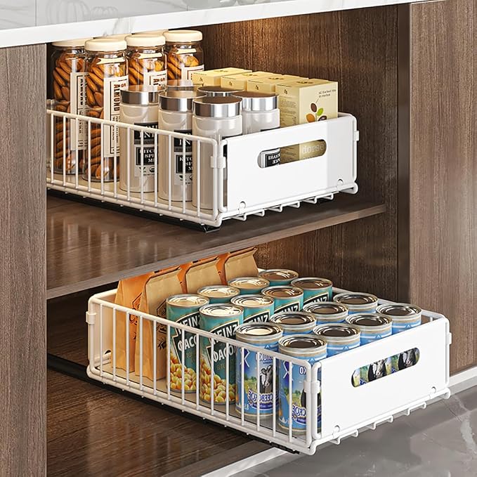 YunNasi Pull Out Cabinet Organizer, White, 2Piece 9.8" W X15 D X3.9 H | Slide Out Drawer Storage Shelves, Cupboard Organiser, Sliding Cabinet Basket for Kitchen, No Drilling and Nailing by YunNasi