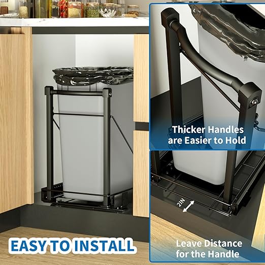 Pull Out Trash Can with Soft-Close for Kitchen Cabinets, Under Sink Drawer | Adjustable for 7-13 Gal can, Black Thick Handle & Frame, Up to 125 lbs Capacity, Fits 13"W x 18"D cabinets, Can Not Included - Image 4