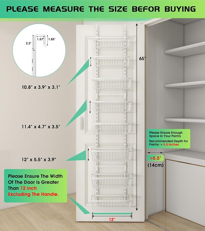 Mefirt White 12 Inch Wide Narrow Over The Door Pantry Organizer | Pantry Hanging Organizers and Storage, Adjustable Heavy-Duty Metal for Home & Kitchen, Back of Door Seasoning Rack - Image 2